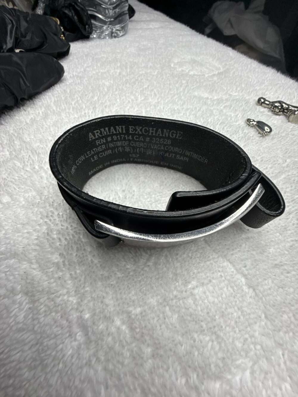 Armani Exchange Black Leather Bracelet with Metal Plate and Button Details